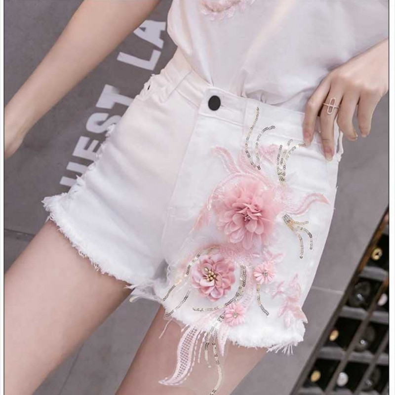 202 Side Denim Shorts for Female Summer Students Korean Style Loose Slimming Ripped Embroidered White High Waist Elastic