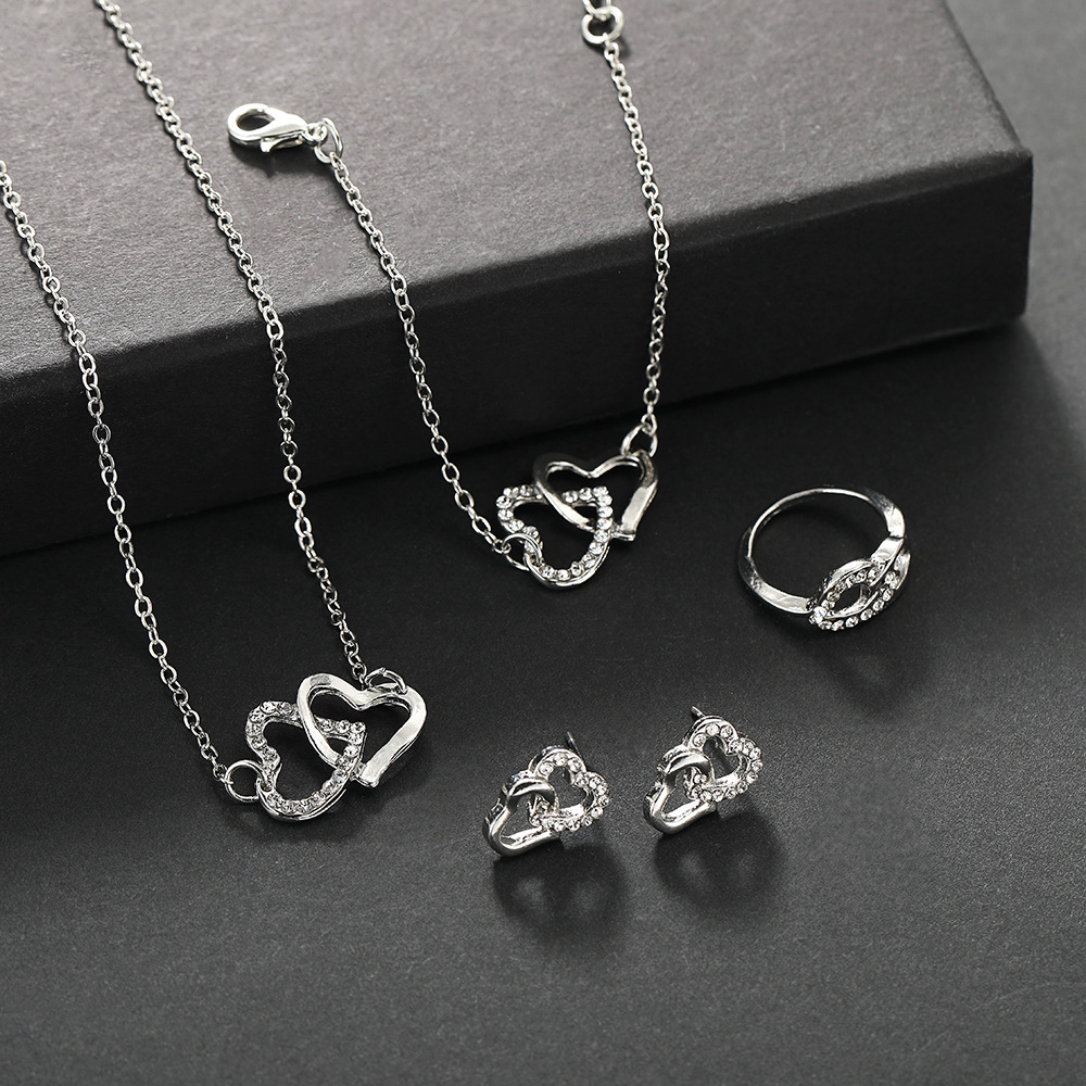 Picture of New Fashion European and American Simple Double Love Necklace Jewelry suit Light Luxury Bride Double Heart Jewelry Four-piece Set