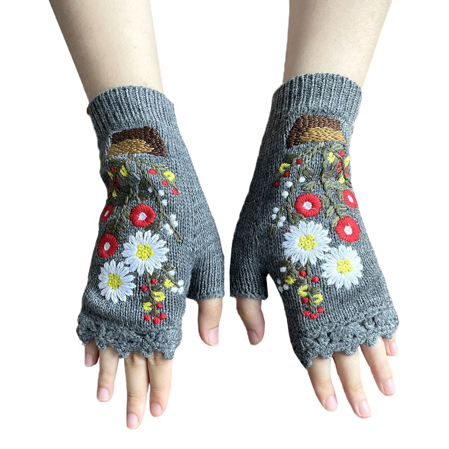 Cross-border Autumn and Winter Embroidery Potted Small Red Flower Long Warm Adult Women's Knitted Wool Gloves for Women