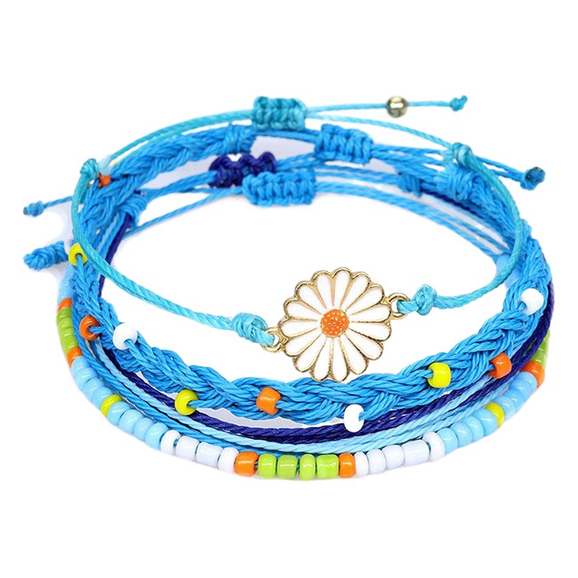 New cross-border bohemian waterproof wax thread hand-woven bracelet alloy chrysanthemum beaded bracelet set