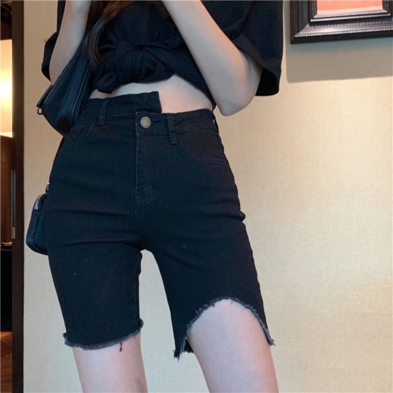 Summer 2025 New High-Waisted Five-Point Pants Casual Straight Slim Slim Pants Black Raw Edge Jeans for Women