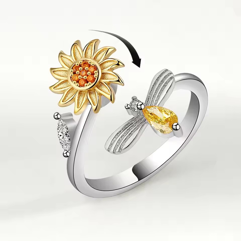 Amazon Cross-Border Stress Relief Copper Micro-Paved Zircon Rotating Sunflower Bee Index Finger Ring Holiday Gift
