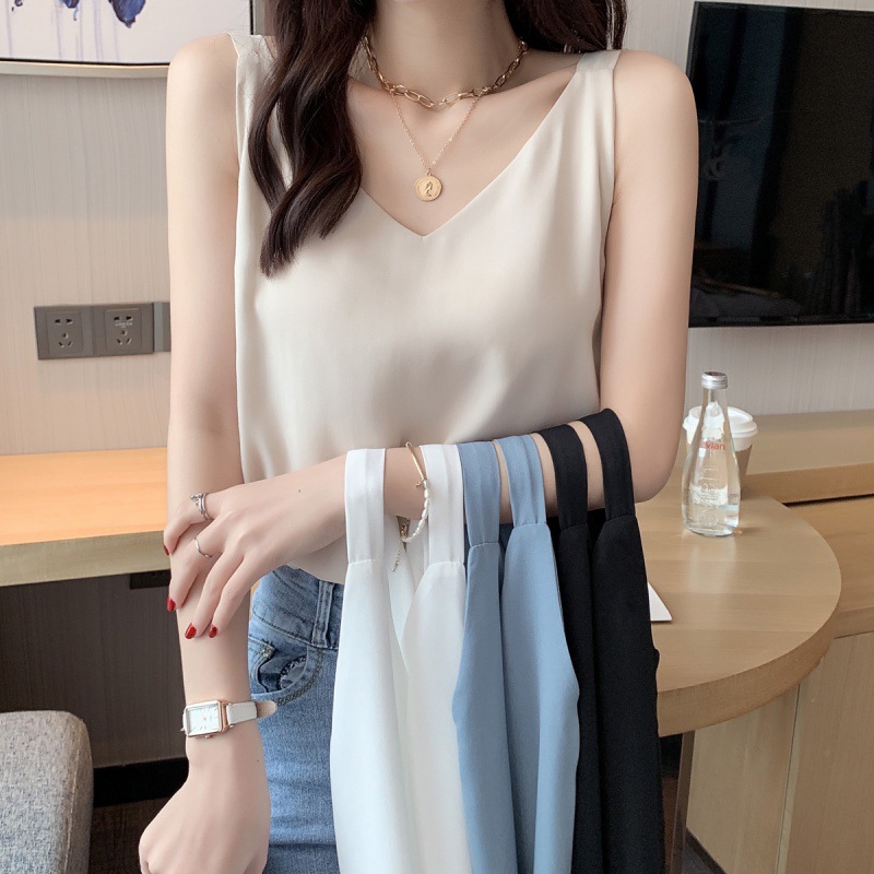 2023 Summer New Chiffon Camisole Women's Collar Double-Layer Loose Slimming White Base Shirt Top