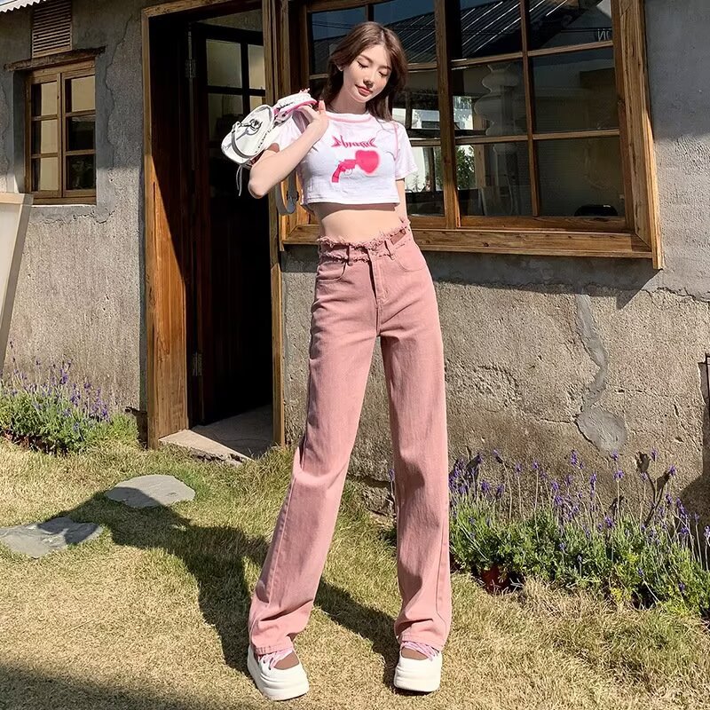 Pink High Waist Wide Leg Jeans Women's 2024 Summer New American-style Slim-fit Loose Straight Trendy Trailing Pants