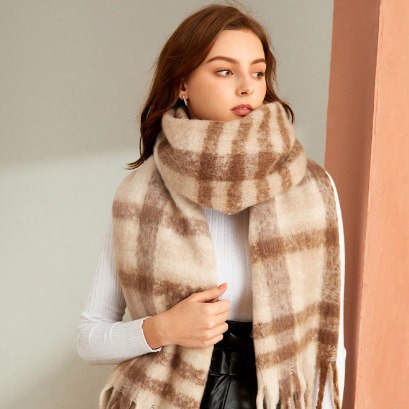 New mohair plaid scarf women's autumn and winter thick warm Korean students Joker tassel scarf tide wholesale