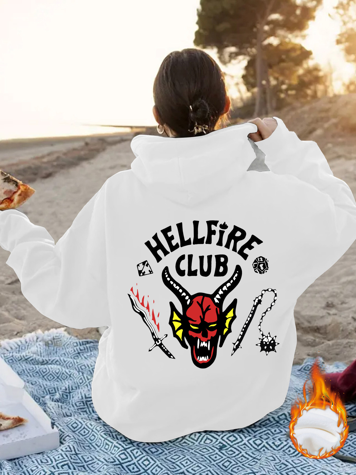 Cross-border Women's Sweatshirt Autumn and Winter Women's Kangaroo Pocket Hooded Long-sleeved fleece-lined Thickened HELLFIRE CLUB Print