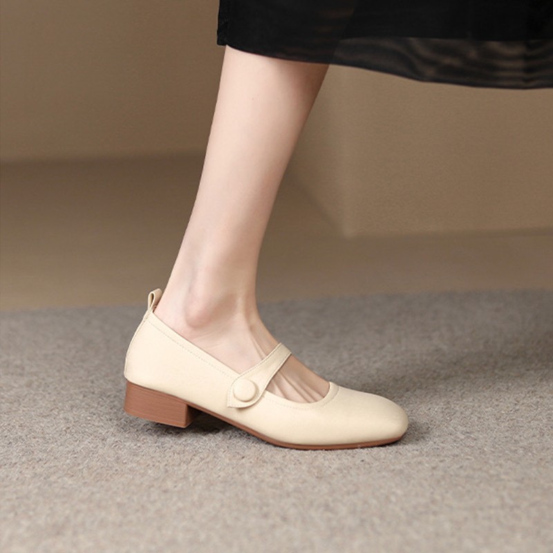 Zhike ~ French Mary Jane shoes soft leather soft bottom peas shoes 2024 new style with skirt chunky heel elegant grandma shoes