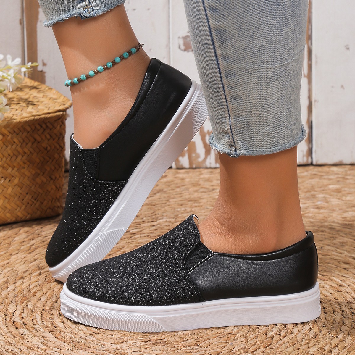 Picture of 2025 Summer New Flat Sequin Low-Top Flat Single Shoes Women's Plus Size Round Toe Elastic Strap Foot Loafer Shoes