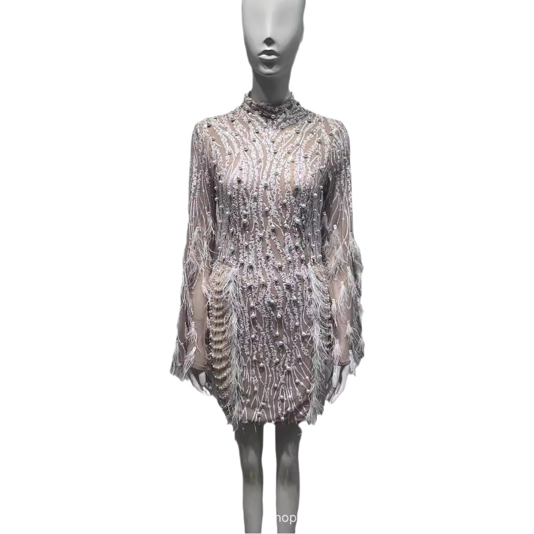 European and American fashion sequined round neck high waist waist beaded feather sexy party party short evening dress
