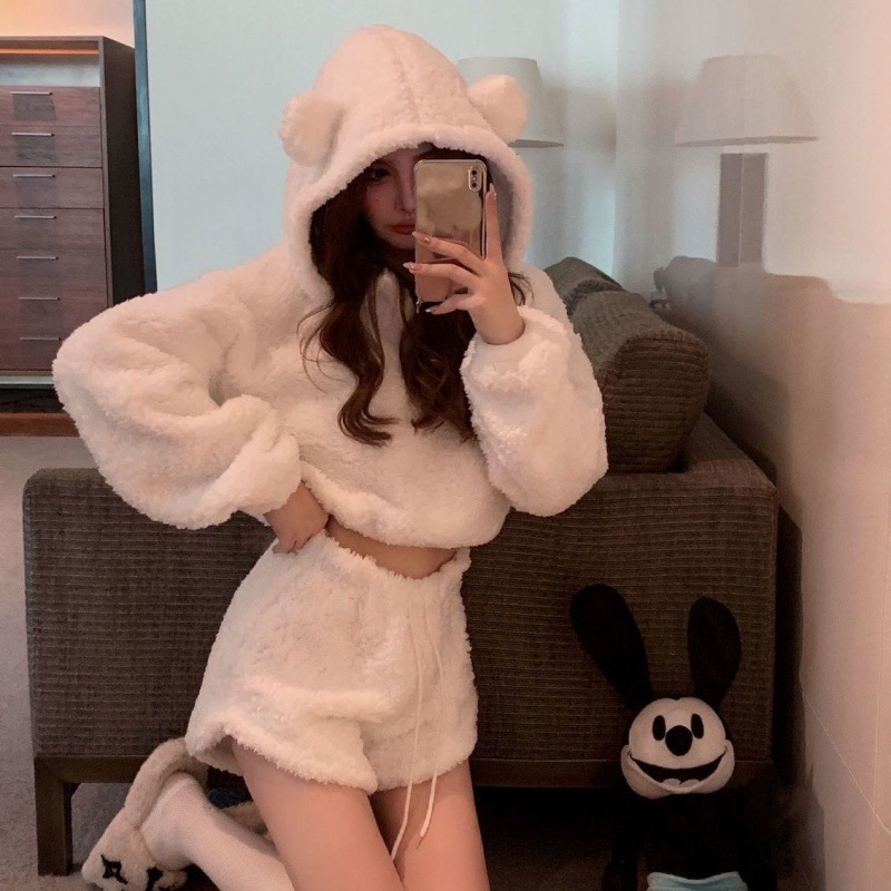 Winter Plush Sweat Women's Fashionable Slim-fit Vintage Thickened Short High Waist Bear Hooded Top 2024 Spring suit Women