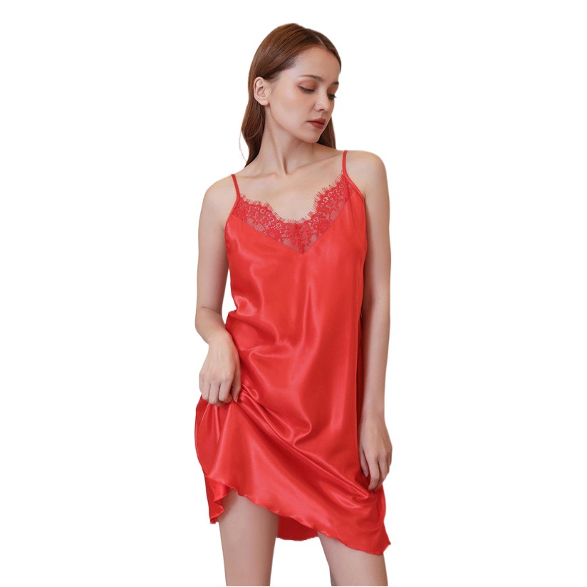 Cross-Border Plus-Size Summer Satin Silk Nightgown with V-Neck Lace Trim, Women's Camisole Nightdress with Sexy Lace