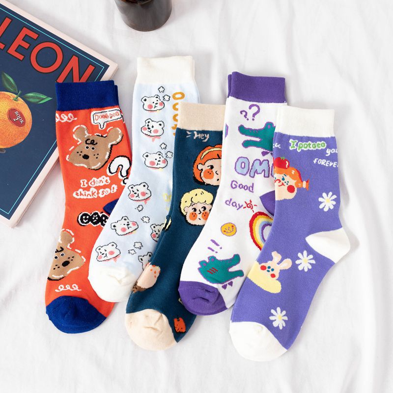 Spring New Product Socks Candy Color Cute Animal European and American Full Fashion Socks Cartoon Stacked Socks Mid-tube Women's Socks Cotton