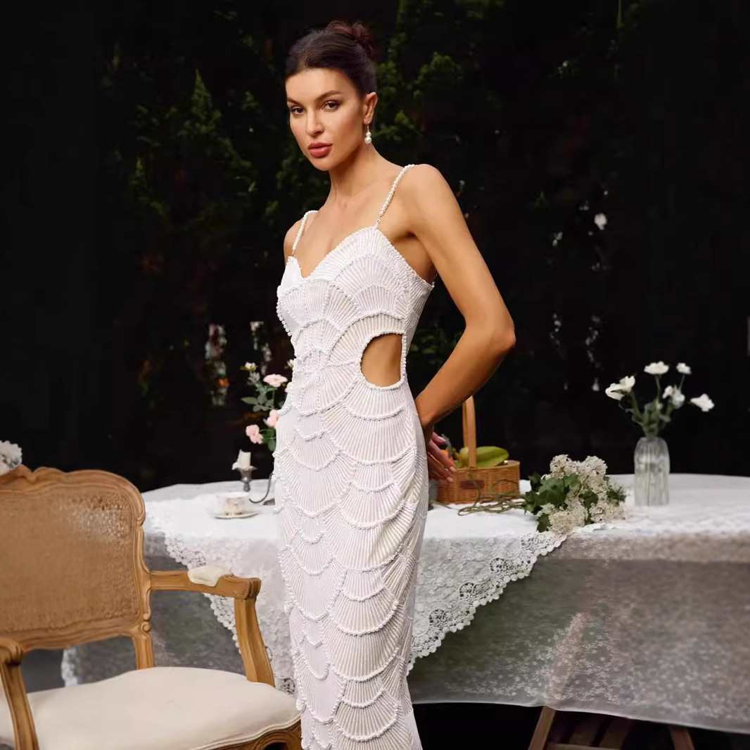 Foreign Trade Cross-border Exquisite Sequins Beaded Beads Middle Waist Hollow Sling dress Celebrity Birthday Party Dinner Dress