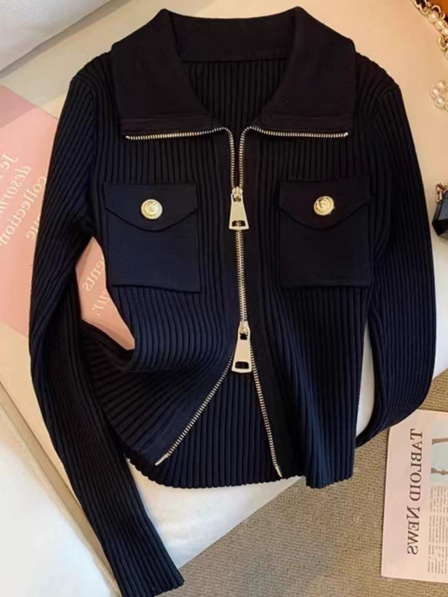 Autumn and Winter New Korean-style Short Slim-fit Slimming Jacket Trendy Design Sense Double Zipper Long-sleeved Knitted Cardigan for Women