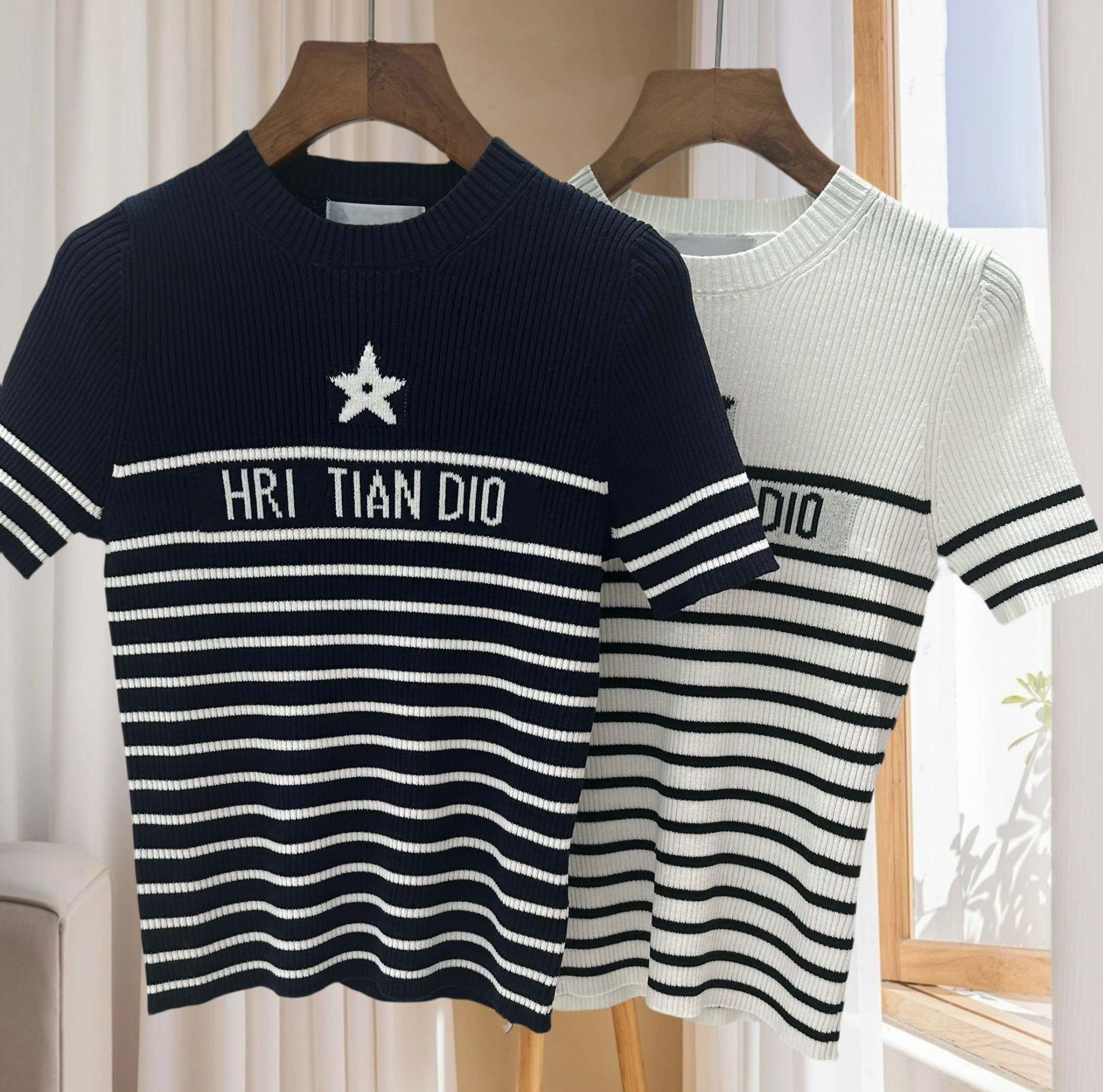 Picture of D home high quality 2024 spring new striped letter short sleeve sweater round neck star slim slim top women