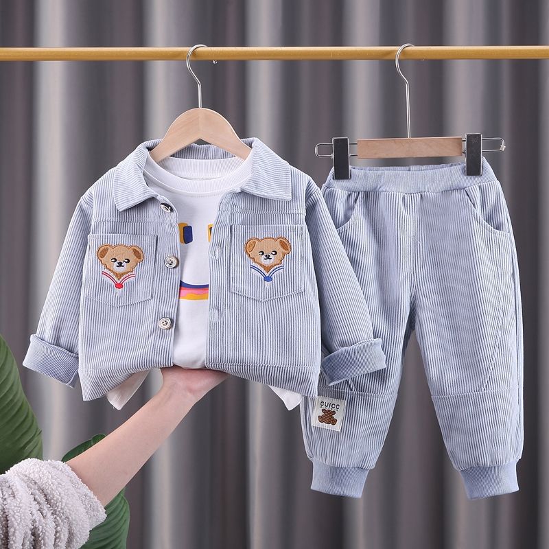 Baby corduroy clothes spring suit 1-4 year old boy baby spring and autumn boy's fashionable foreign-air coat three-piece set