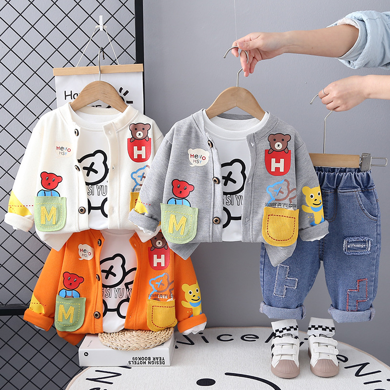 Boys' Spring Outfit 2025 New Stylish Children's Spring and Autumn Baby Bear Long-Sleeve Three-Piece Set Direct Sale Children's Set