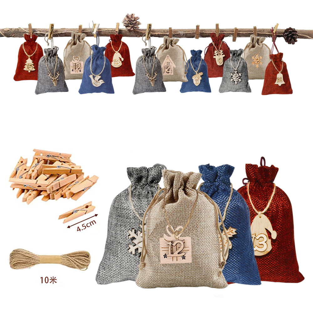24PCs new Christmas gift bag linen drawstring advent calendar Christmas candy gift bag spot