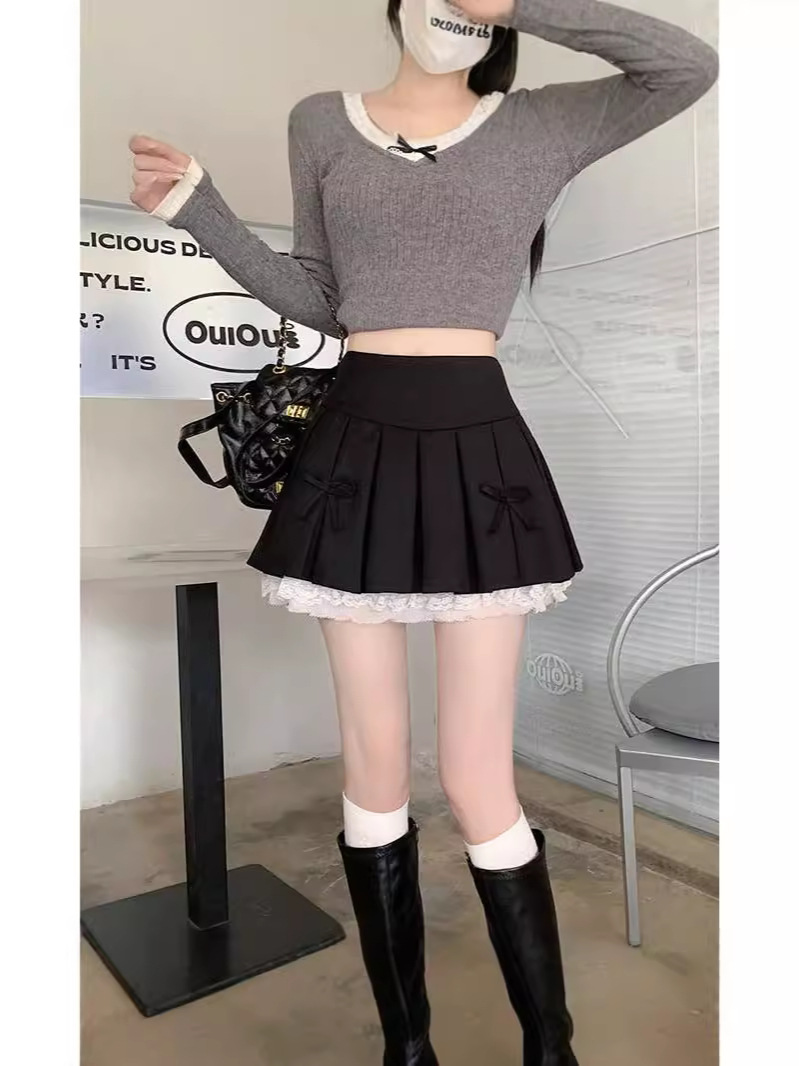 Pure Desire Style Lace Hot Girl Bow Lace Grey Skirt Women's Early Spring High Waist A- Line Skirt Pleated Short Skirt