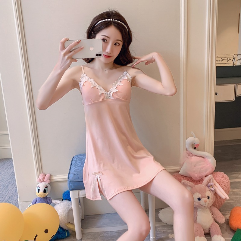 (Real shot) Imitation Cotton-Summer Pajamas Women's Sexy Sling Sling Nightgown Lace Slim Fit Stretch Skirt Charming