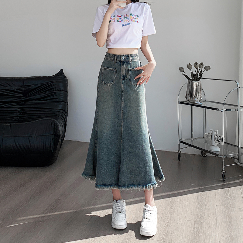 Denim Skirt Women's Slim-looking Hip Covering Hip Covering Skirt Spring and Autumn New High Waist All-match Fishtail Denim Mid-length Skirt