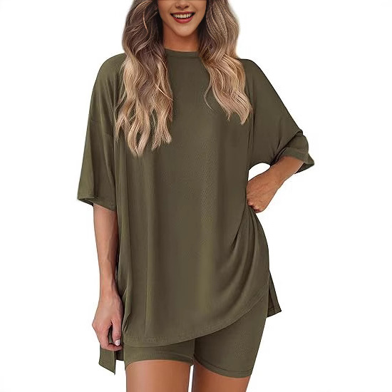 Picture of Cross-border foreign trade Amazon 2025 new women's casual round neck split loose shorts short sleeve home clothes suit