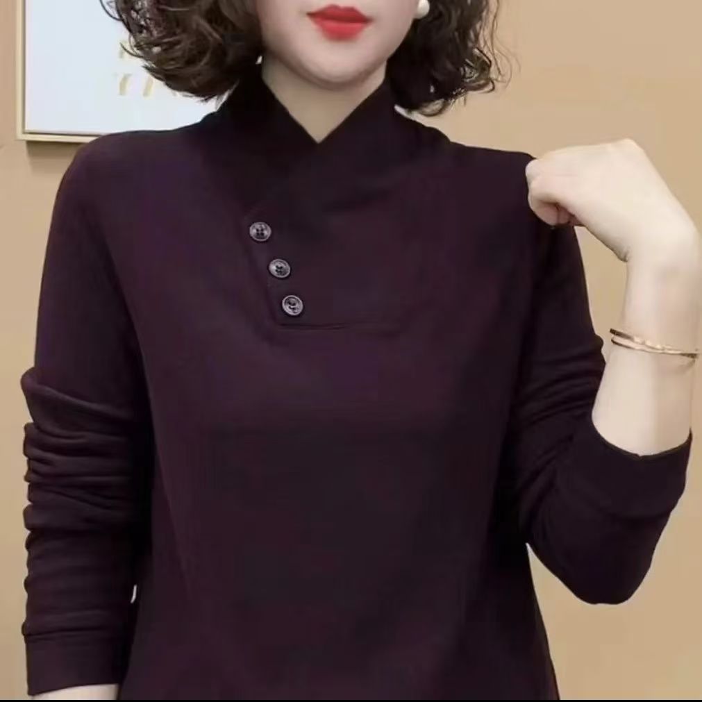 Foreign trade winter new solid color warm long sleeve mother base shirt thin fashion age-reducing design sense women's top