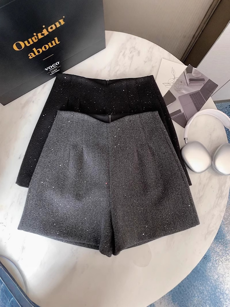 Sparkling Sequin Woolen Shorts Women's Autumn and Winter 2024 New High Waist Outer Wear Slimming Wide Leg Pants with Boots