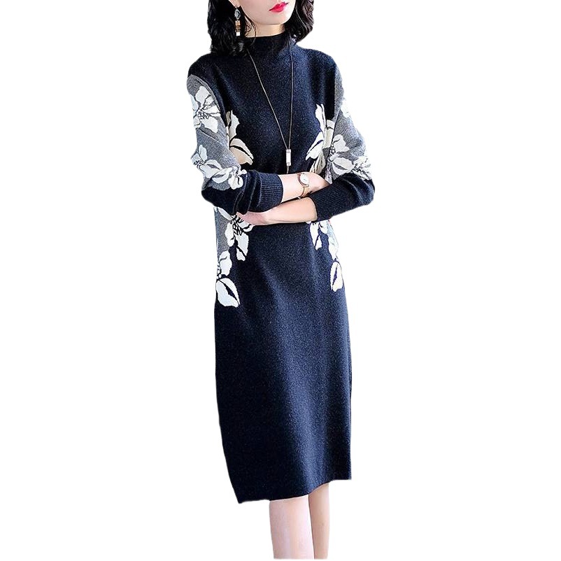 European Lady's Noble Knitted Dress Women's Autumn and Winter 2024 New Style Mid-Length Over-The-Knee Sweater Skirt