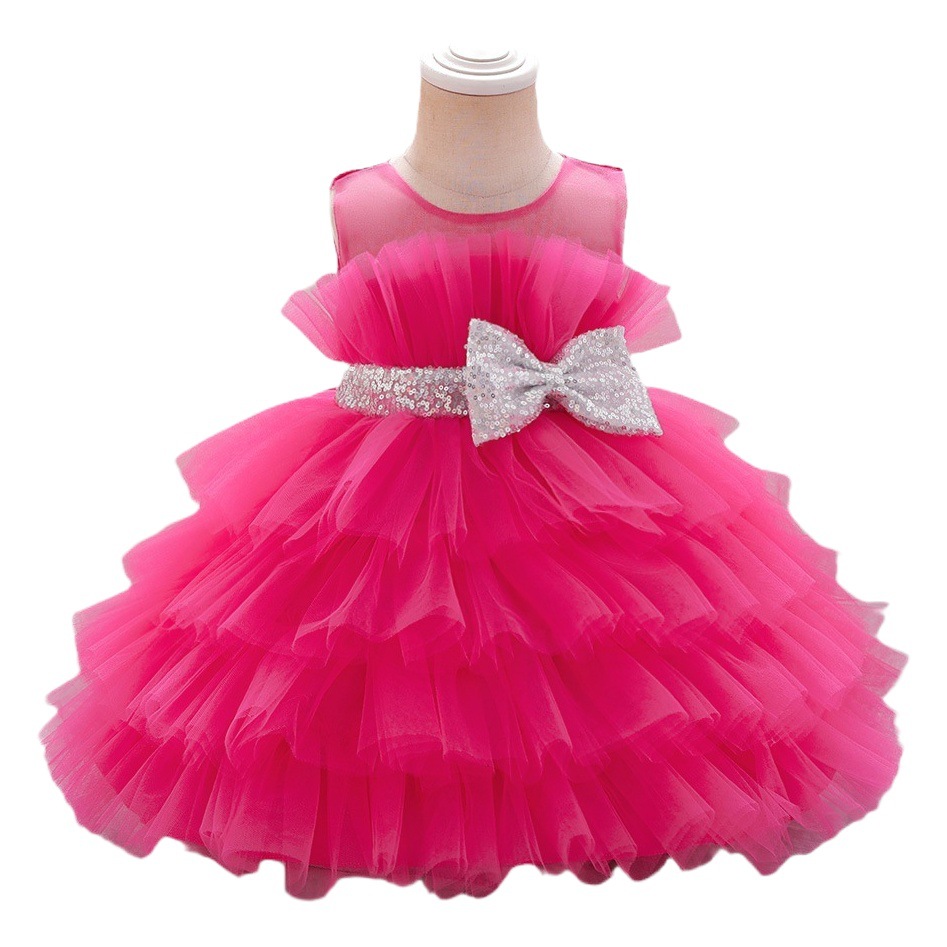 2023 New European and American Girls Dress Dress Cute Bow Strap Mesh Puffy Dress Summer Baby Girl Dress