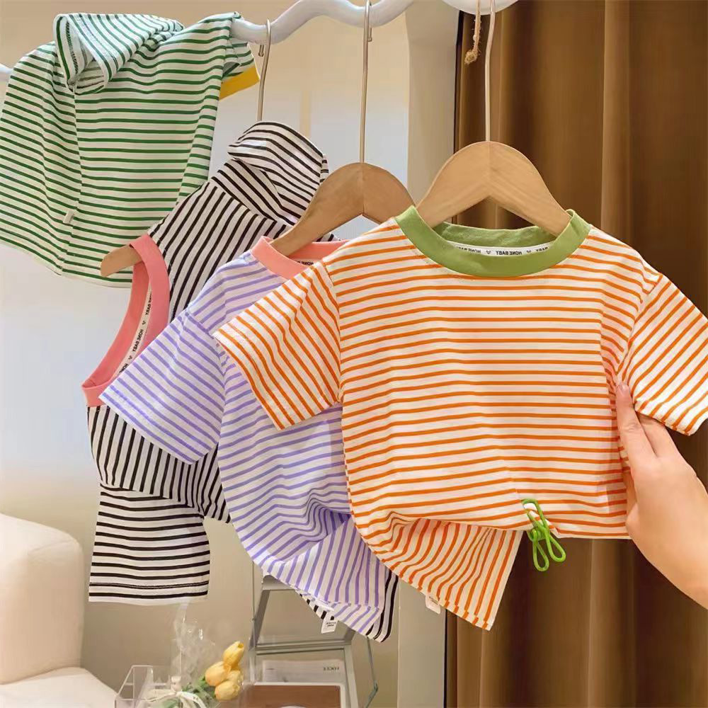 Girls Summer Short-sleeved 2024 New Cotton Striped Round Neck Casual T-shirt Baby Thin Half-sleeved Base Shirt Trendy