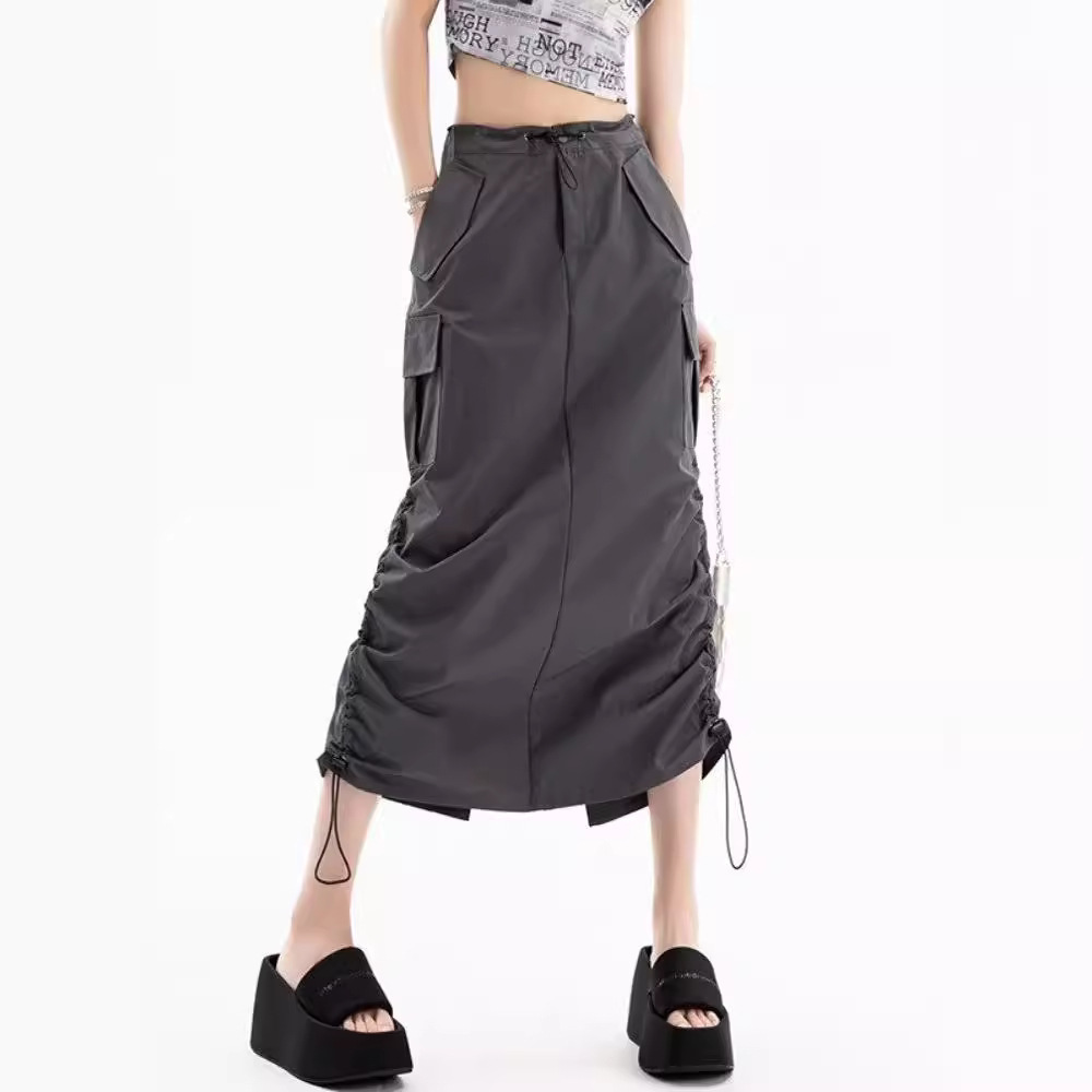 American Trendy Cool Hot Girl Quick-Drying Pleated Drawstring Workwear Skirt Summer Retro Loose Casual Straight Back Slit Skirt