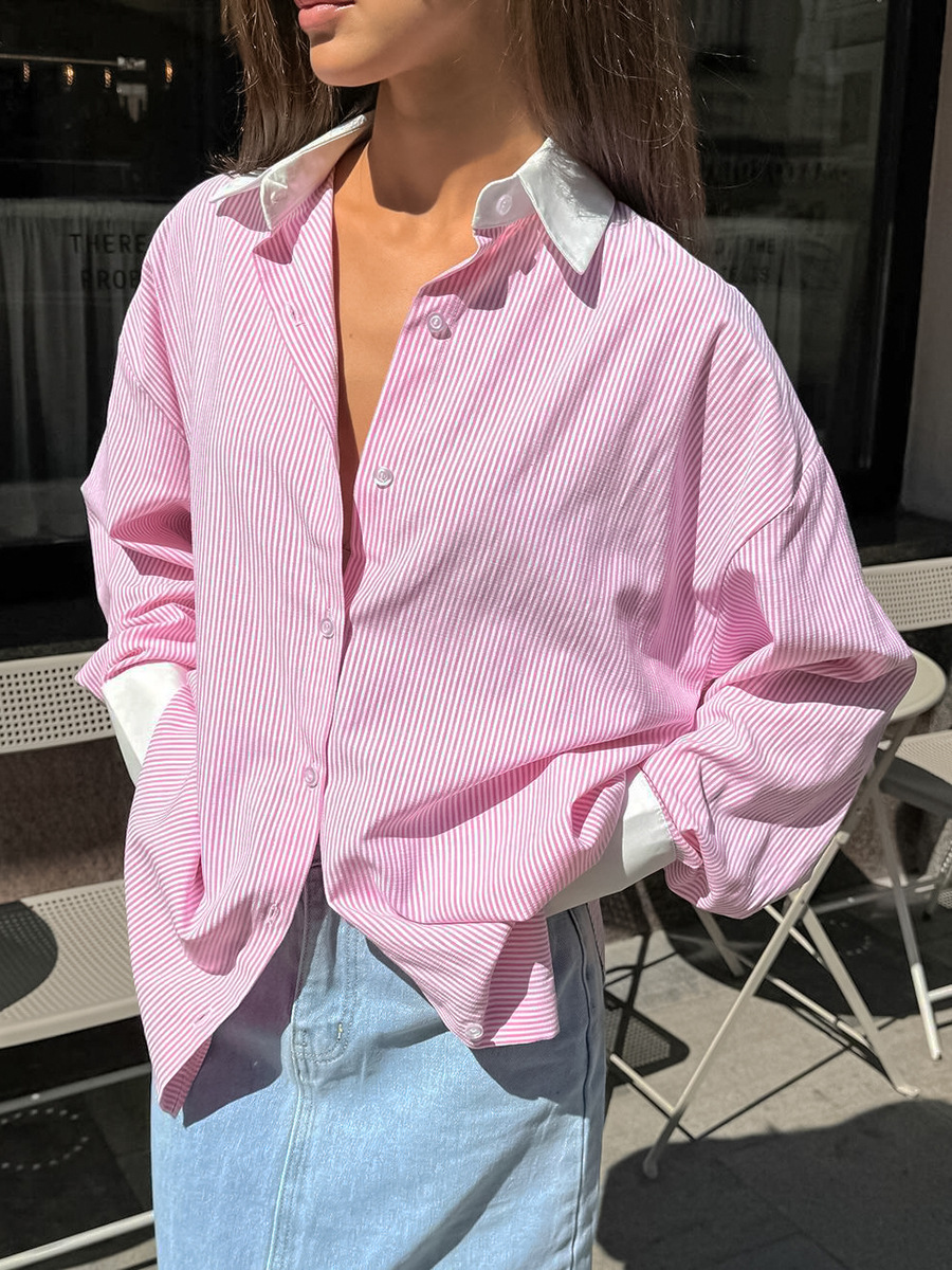European and American high-grade contrast color striped all-match loose women's casual shirt autumn and winter street style long sleeve foreign trade top