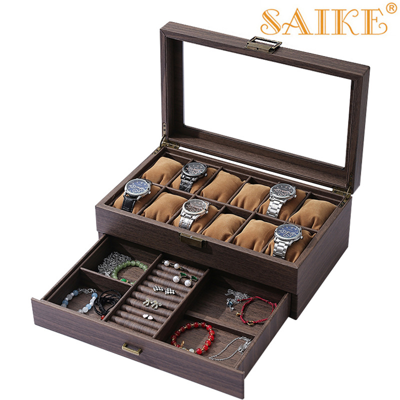 Cross-border Hot Sale Retro Leather Double Layer 12-digit Watch Jewelry Multi-function Storage Box Carbon Fiber Leather