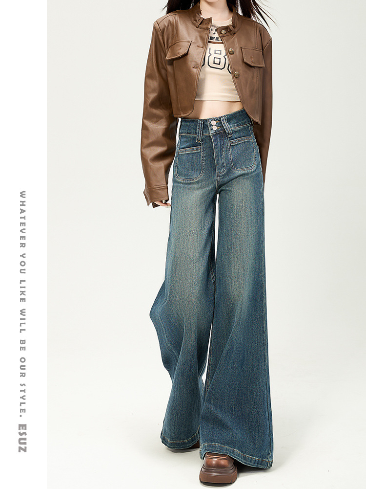 Double Buckle Design Micro Horn Wide Leg Jeans Women's Early Autumn New High Waist Retro Loose All-match Straight Pants