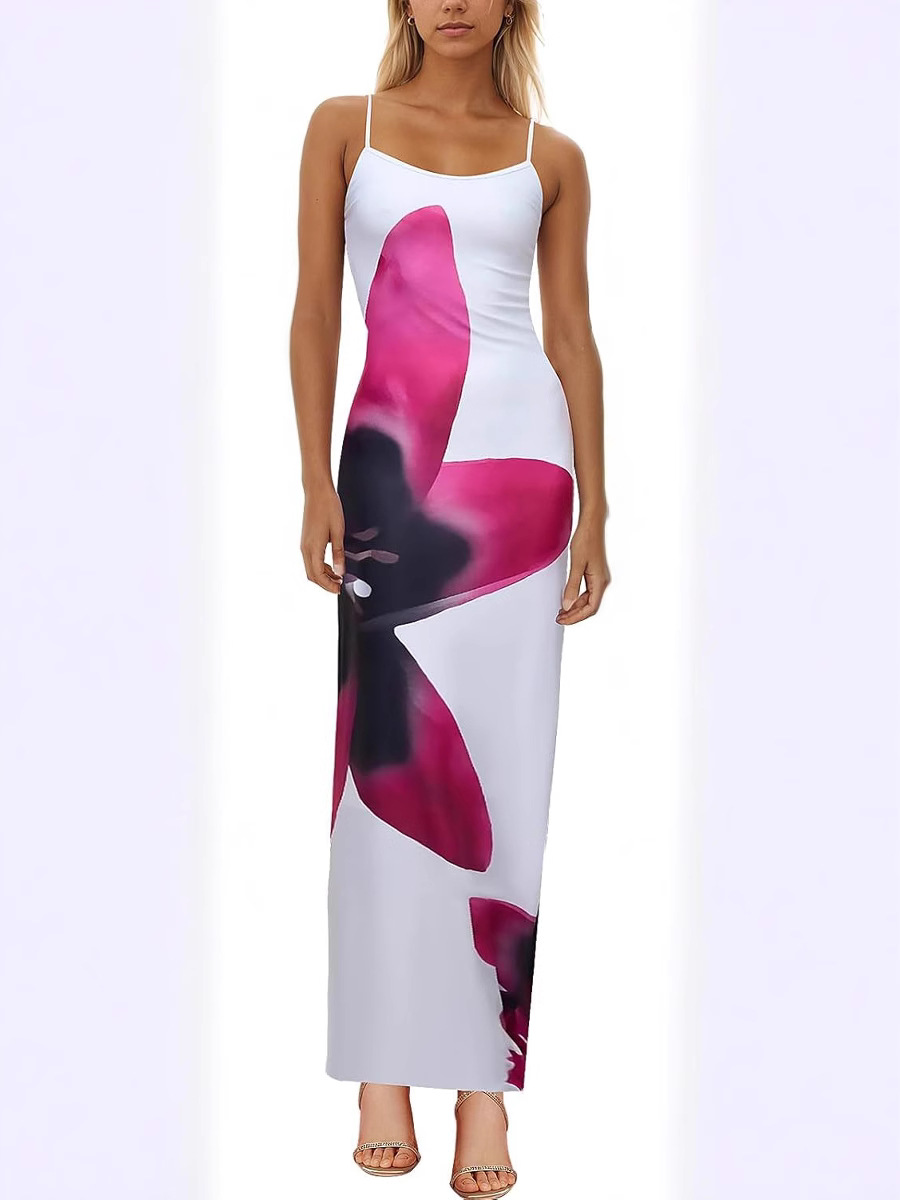 Picture of Autumn 2025 New Elegant Temperament Tight Low-cut Contrast Color Rose Print Design One Step Sling dress