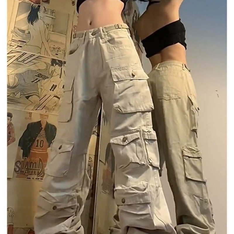 American Retro Multi-Pocket Covers Women's European and American High Street Trendy Casual Wide-Leg High Waist Trousers Couple Men's High Street Trendy
