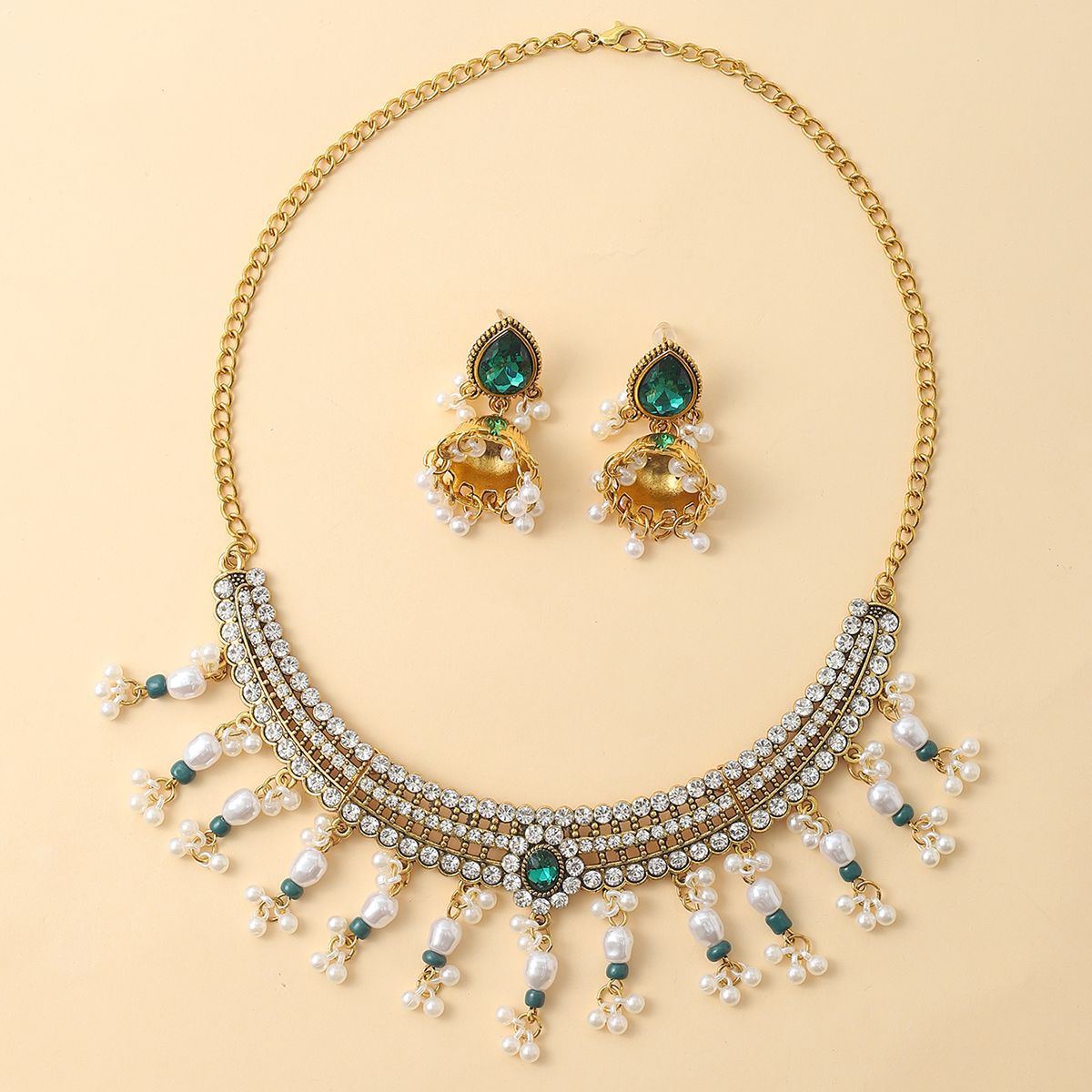 Picture of European and American Cross-border Pearl Tassel Drop Beads Exaggerated Necklace Earrings Women Bohemian Fashion Vintage Jewelry suit Women