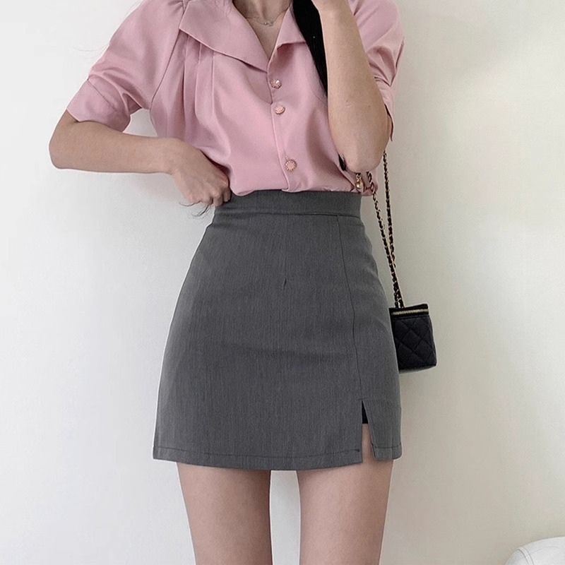 Grey Suit Skirt Skirt Women's Summer 2024 New Slimming Workwear A- Line Skirt High Waist Split Hip Skirt