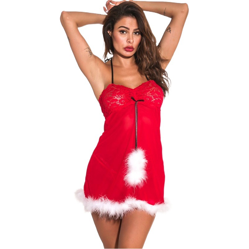 Cross-border sexy lingerie role-playing clothing two-color lace fur ball Christmas clothing uniform game clothing wholesale