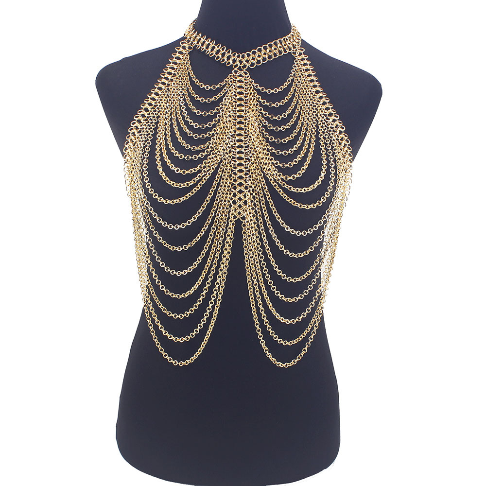 Cross-border Jewelry European and American Exaggerated Metal Aluminum Chain 8-shaped Multi-layer Tassel Chest Chain Ladies Ball Performance Accessories