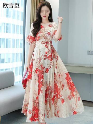 2022 Mother's Ice Silk Printed Short-sleeved Dress Women's Belt Waist Slimming Look Age-reducing Western Style Oversized Long Skirt