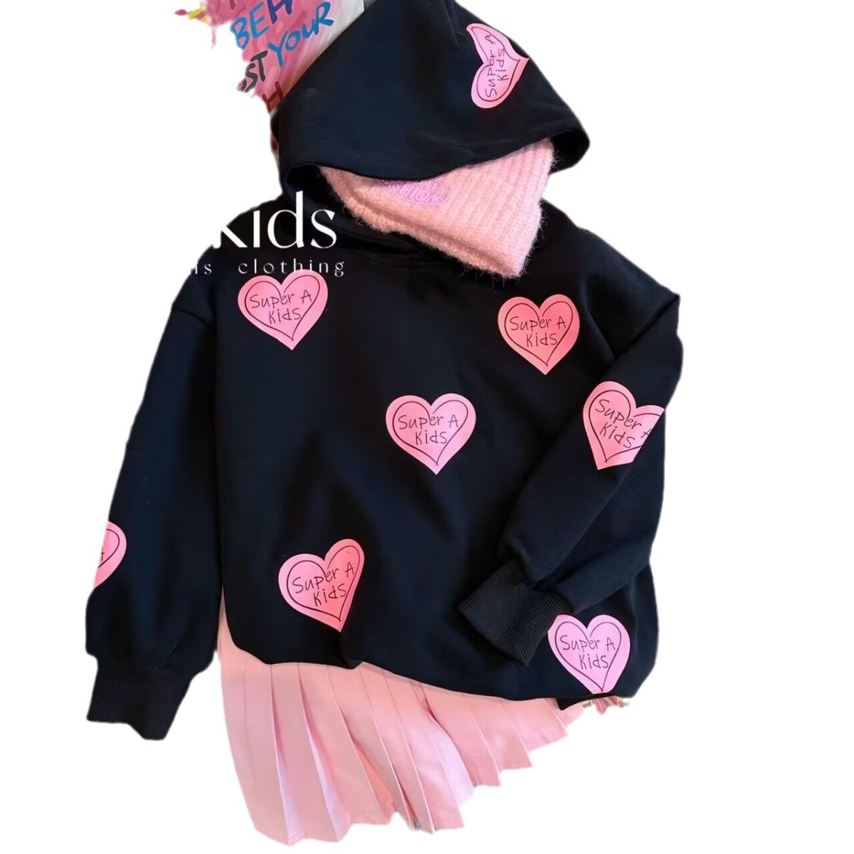 Picture of Internet Celebrity Girls' Korean Style Autumn Clothes suit Big Children's Spring and Autumn New Stylist Love Hooded Sweater Skirt Hat Trendy
