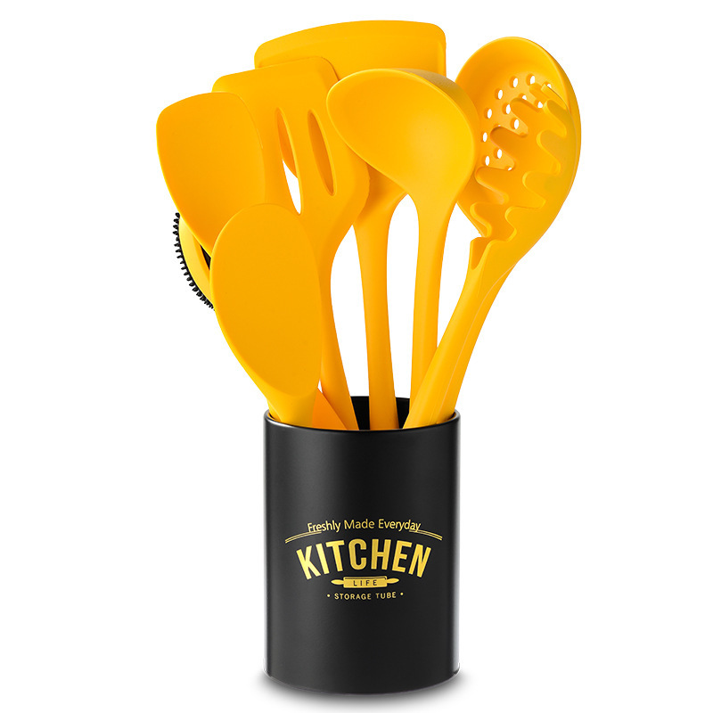 Picture of New Chinese Yellow All-inclusive Silicone 8-piece Kitchen Tools Kitchenware Set Cooking Shovel Spoon Stir-frying Shovel with Storage Bucket