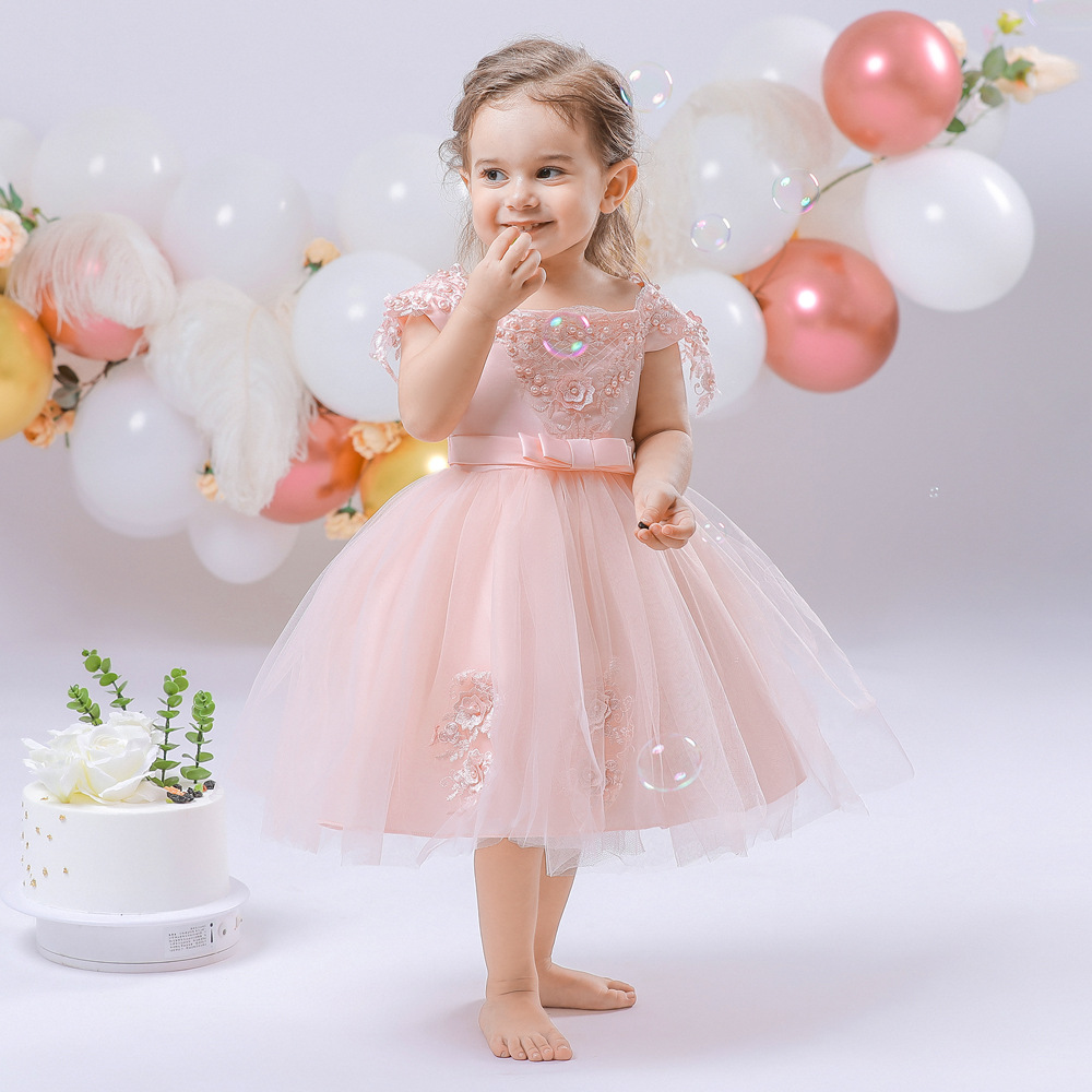 Baby's Wash Dress Fluffy dress Baby's Beaded Flower Offline Shoulder Dress Bow Girls' Dress