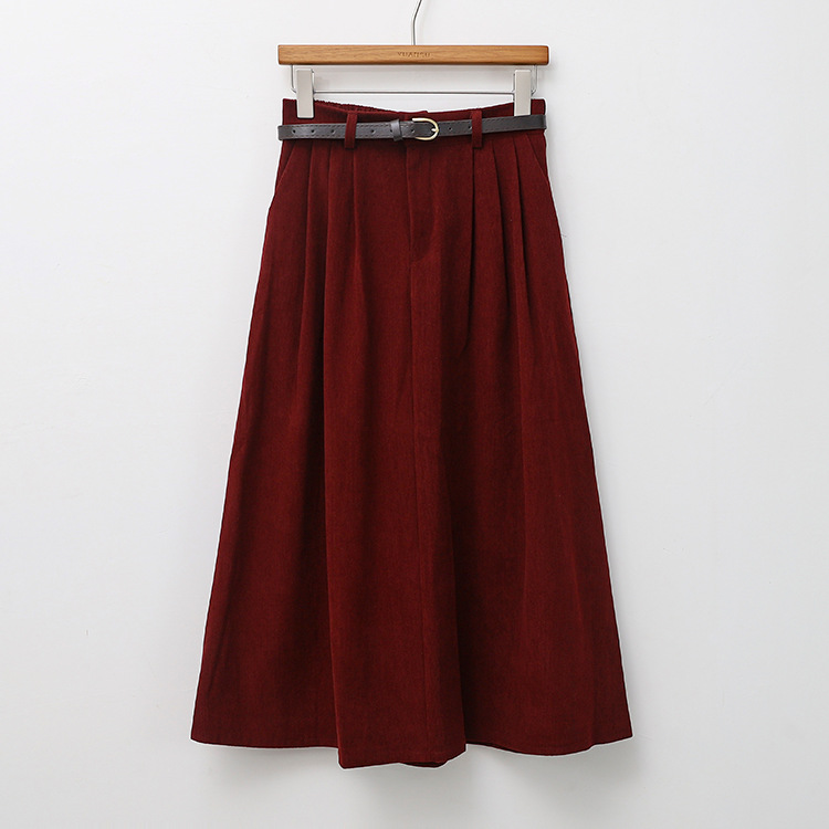 Picture of Maillard Retro Corduroy Skirt for Women, Autumn and Winter Khaki Casual Style with Belt, Mid-Length Pleated A-Line Skirt