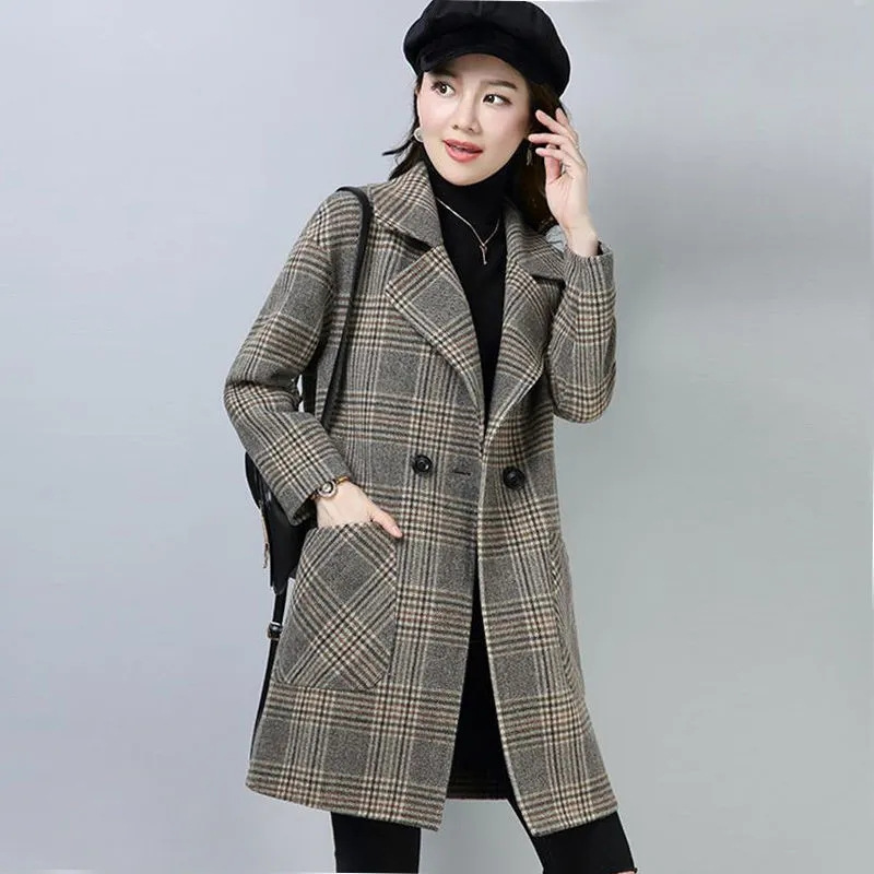 Picture of Dress Collar Plaid Woolen Coat Women's Autumn and Winter New Korean Style Loose Mid-length Coat Small Coat