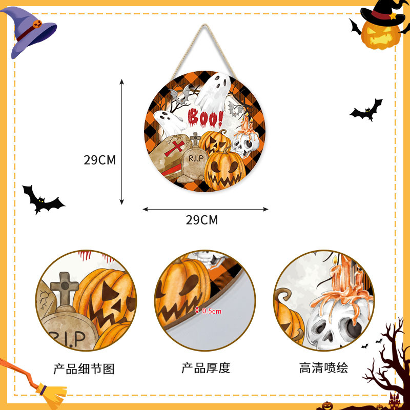Picture of Cross-Border New Halloween Wall Decoration Wall Hanging Round Pumpkin Cat Horror Festival Welcome Wood Art Wall Decoration Door Hanging