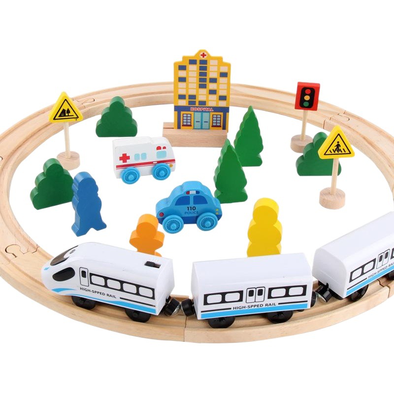 Wooden Electric Magnetic Small Train Track Set for Benefiting Intelligence and Inserting Parent-Child Interactive Kindergarten Early Education Toys