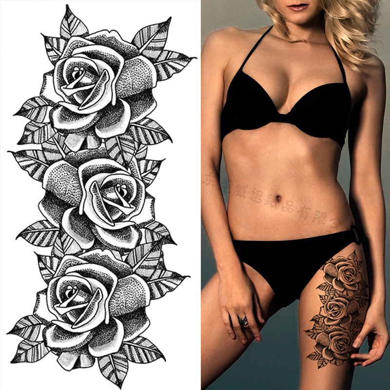 Picture of Cross-Border Supply of Sketch Flower Tattoo Stickers, Sketch Tattoo Stickers, Rose Flower Black and White Flower Tattoo